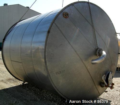 USED: Tank, 10,000 gallon, 304 stainless steel, vertical. Approximate 11' diameter x 14' straight side. Coned top, sloped bottom. Openings: top 18" manway with cover, 3-1/2", 6", 4"; 16" x 20" side o...