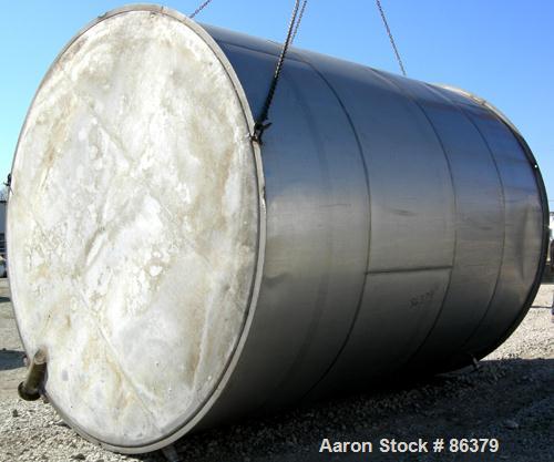 USED: Tank, 10,000 gallon, 304 stainless steel, vertical. Approximate 11' diameter x 14' straight side. Coned top, sloped bottom. Openings: top 18" manway with cover, 3-1/2", 6", 4"; 16" x 20" side o...