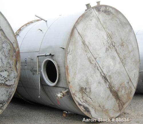 USED: Tank, 18,000 gallon, stainless steel. Approximate 10'6" diameter x 27'6" straight side. Slight cone top and flat bottom. Top openings: (3) 2", (2) 3", (1) 15", (1) 20" manway with cover. Side o...