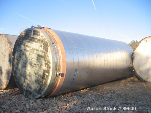 USED: Tank, 25,000 gallon, 316 stainless steel, vertical. 144" diameter x 360" straight side. Conical top, flat bottom. Openings: (1) 18" top, (1) 18" side manway, (1) 6" side bottom outlet.