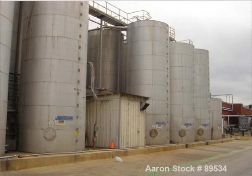 USED: Tank, 25,000 gallon, 316 stainless steel, vertical. 144" diameter x 360" straight side. Conical top, flat bottom. Openings: (1) 18" top, (1) 18" side manway, (1) 6" side bottom outlet.