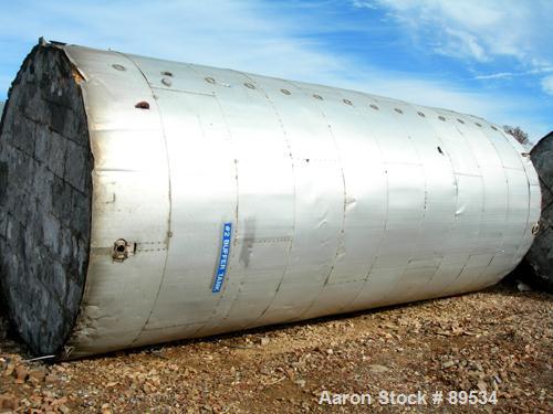 USED: Tank, 25,000 gallon, 316 stainless steel, vertical. 144" diameter x 360" straight side. Conical top, flat bottom. Openings: (1) 18" top, (1) 18" side manway, (1) 6" side bottom outlet.