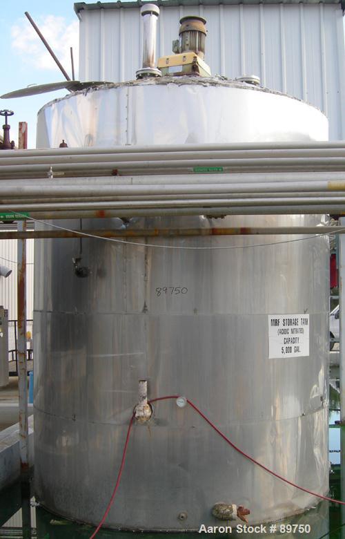 USED: Approximate 6000 gallon stainless steel mix tank. Approximate 9' diameter x 140" straight side. Dish top, flat bottom, insulated. Top mounted Lightnin agitator, Series 10, with 5 hp motor 230/4...