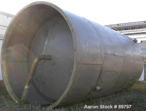 USED: Approximate 14,000 gallon stainless steel storage tank. Vertical, dished heads, 5' skirt bottom. 11'6" diameter x 17' straight side. Top openings: (1) 24" manway with cover, (1) 8", (1) 3"; var...