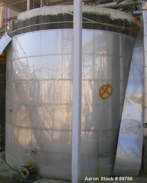 USED: Approximate 6,000 gallon stainless steel storage tank. Flat top and bottom. 10' diameter x 10' straight side. 3" side bottom outlet. Insulated. Various top openings. Internal baffles.
