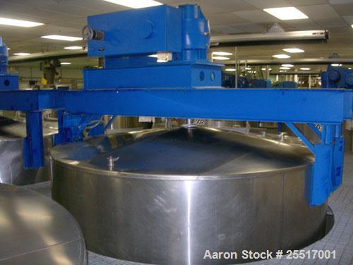 Used Tank, 10,000 Gallon 304 Stainless Steel Tank, Approx. 12' diameter x 11' 6" straight side.  Straight Side, Coned Top & Bottom, 40 HP Agitator with Turbines, Mounted on Legs.