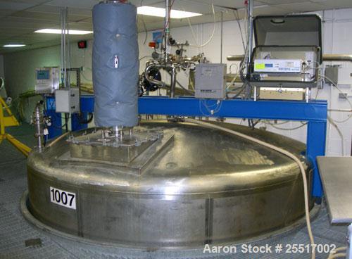 Used Used- Walker Tank, 10,000 Gallon 316 Stainless Steel Tank, Approx. 12' diameter x 11' 6" straight side. Dished top & Bottom, Mounted on Legs.
