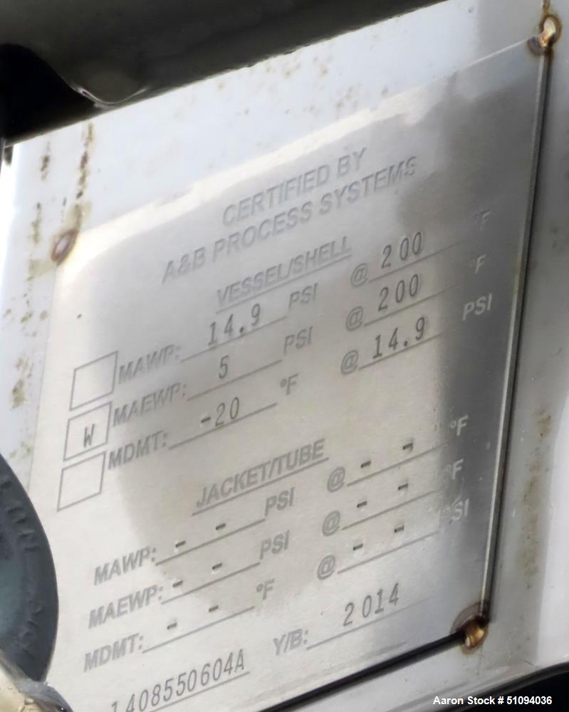 Used A&B Process Tank, Approximate 20,000 Gallon, 316L Stainless Steel, Vertical. Approximate 156" diameter x 240" straight side, dished top, coned bottom. Internal rated 14.9 psi at -20 to 200 degre...
