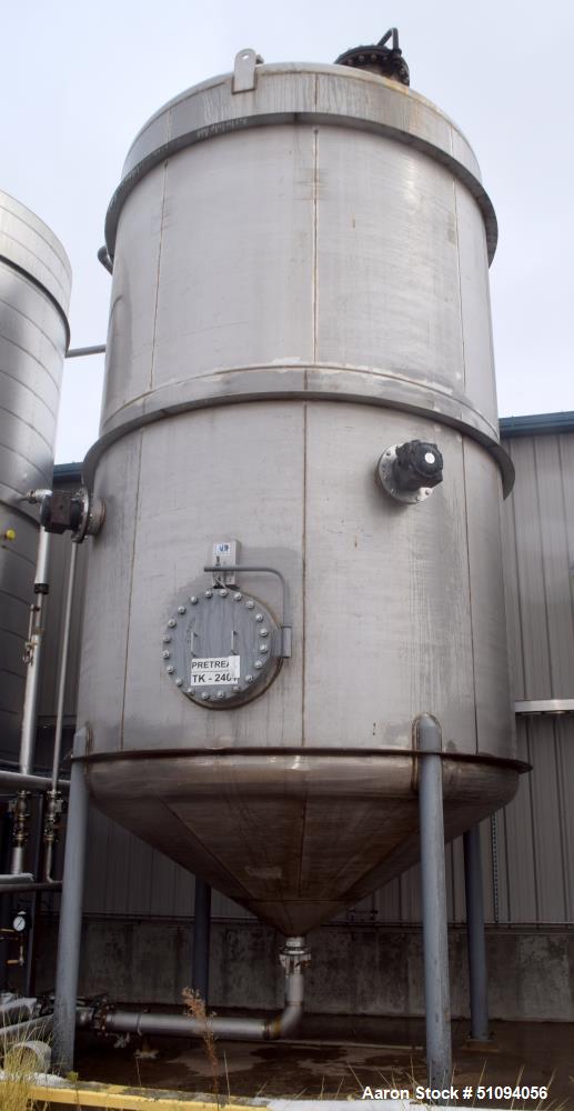 Used A&B Process Tank, Approximate 20,000 Gallon, 316L Stainless Steel, Vertical. Approximate 156" diameter x 240" straight side, dished top, coned bottom. Internal rated 14.9 psi at -20 to 200 degre...