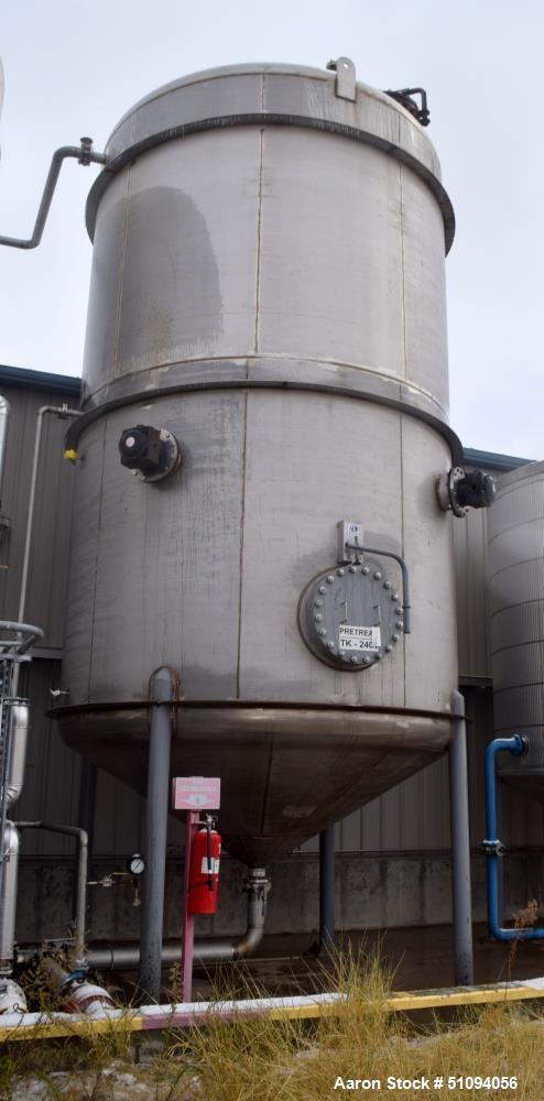 Used A&B Process Tank, Approximate 20,000 Gallon, 316L Stainless Steel, Vertical. Approximate 156" diameter x 240" straight side, dished top, coned bottom. Internal rated 14.9 psi at -20 to 200 degre...