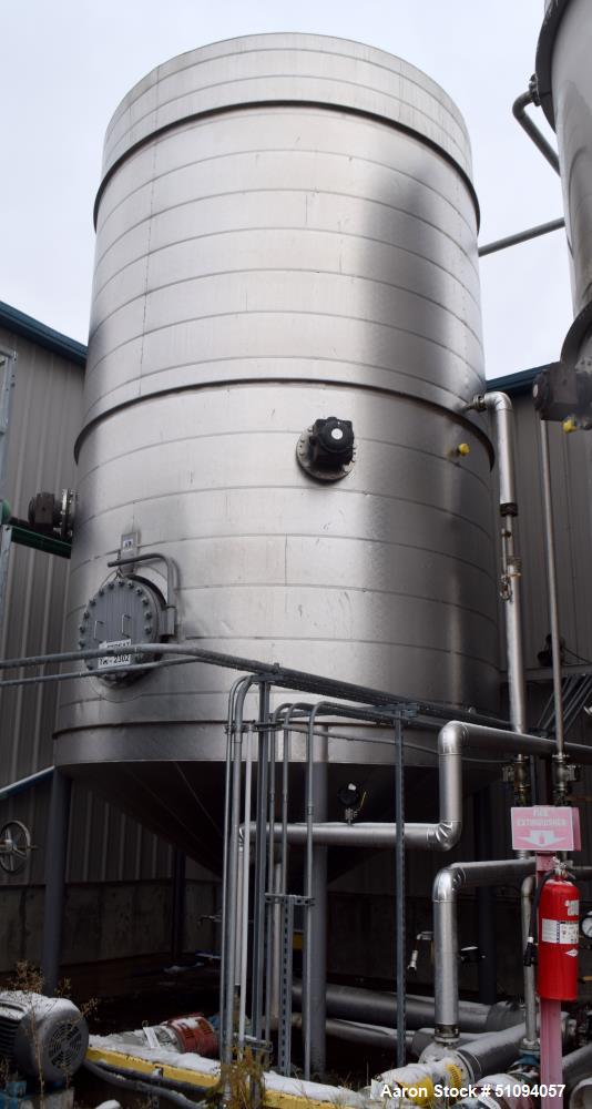 Used A&B Process Tank, Approximate 20,000 Gallon, 316L Stainless Steel, Vertical. Approximate 156" diameter x 240" straight side, dished top, coned bottom. Internal rated 14.9 psi at -20 to 200 degre...