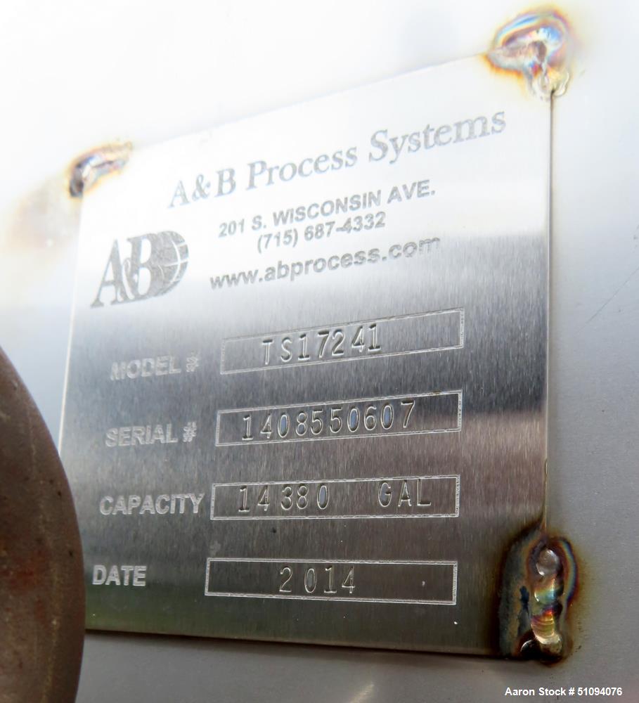 Used A&B Process Tank, 15,000 Gallon, 304L Stainless Steel, Vertical. Approximate 144" diameter x 216" straight side, top, flat bottom.  Openings top 3", 4" side (5) 2", 24" man way with davit arm an...