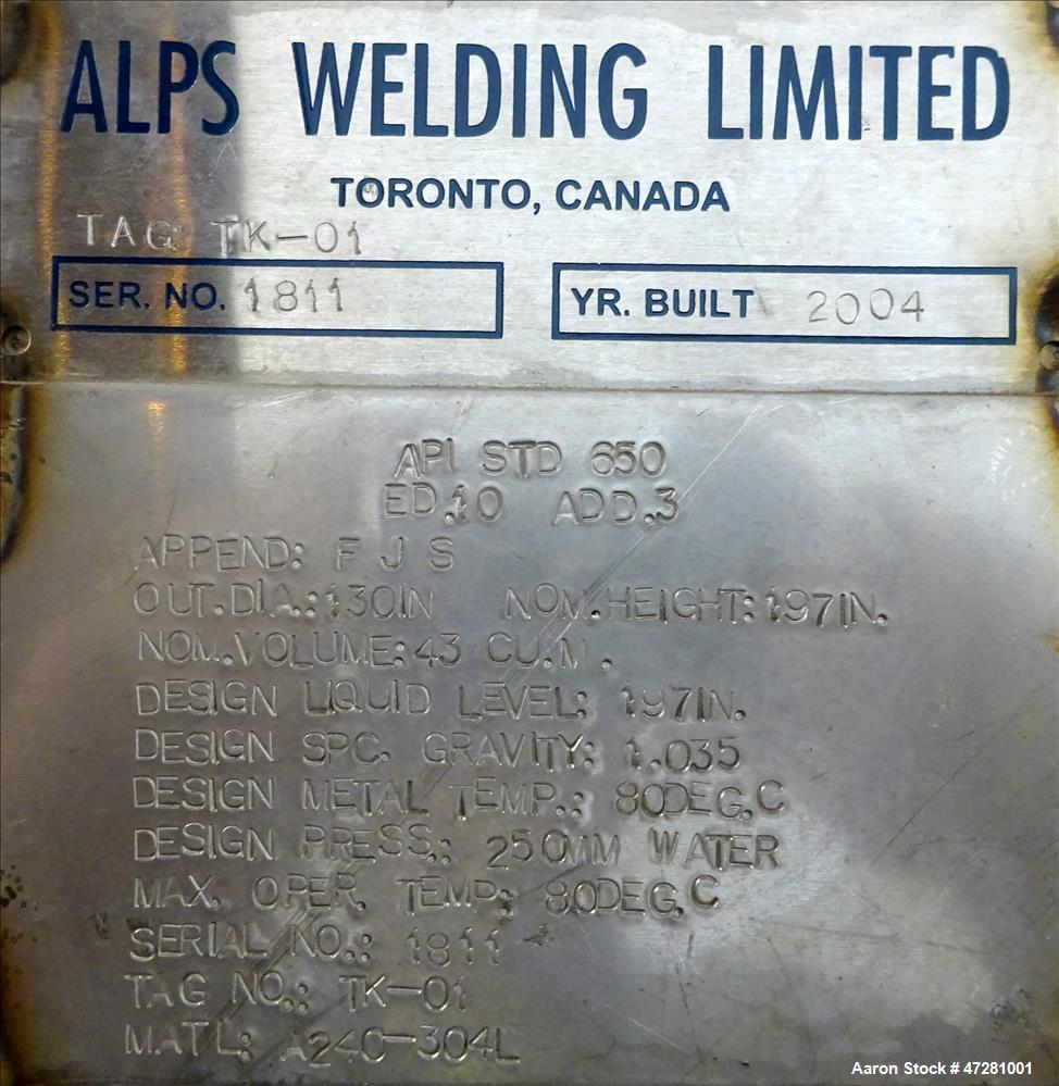 Used ALPS Welding Limited Tank, 43,000 Liters / 11,360 Gallons, 304L Stainless