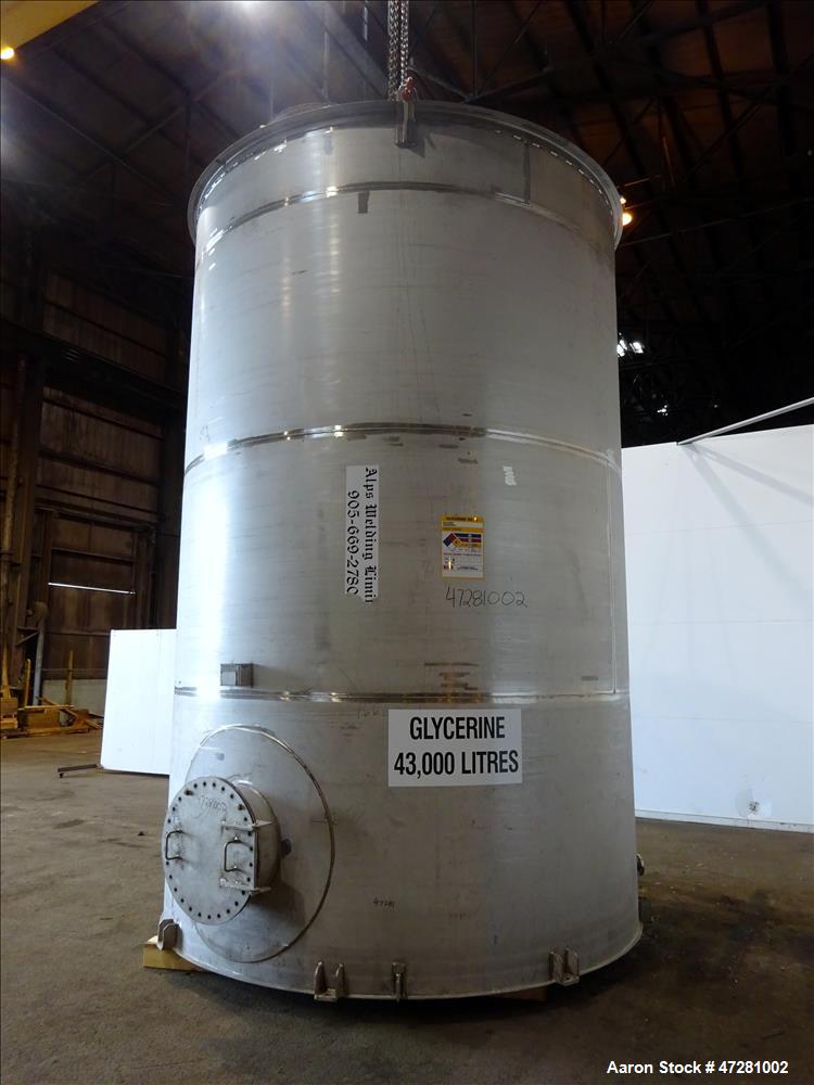 Used ALPS Welding Limited Tank, 43,000 Liters / 11,360 Gallons, 304L Stainless Steel, Vertical. Approximate 130" diameter x 197" straight side. Slight coned top, flat bottom.  Design specific gravity...
