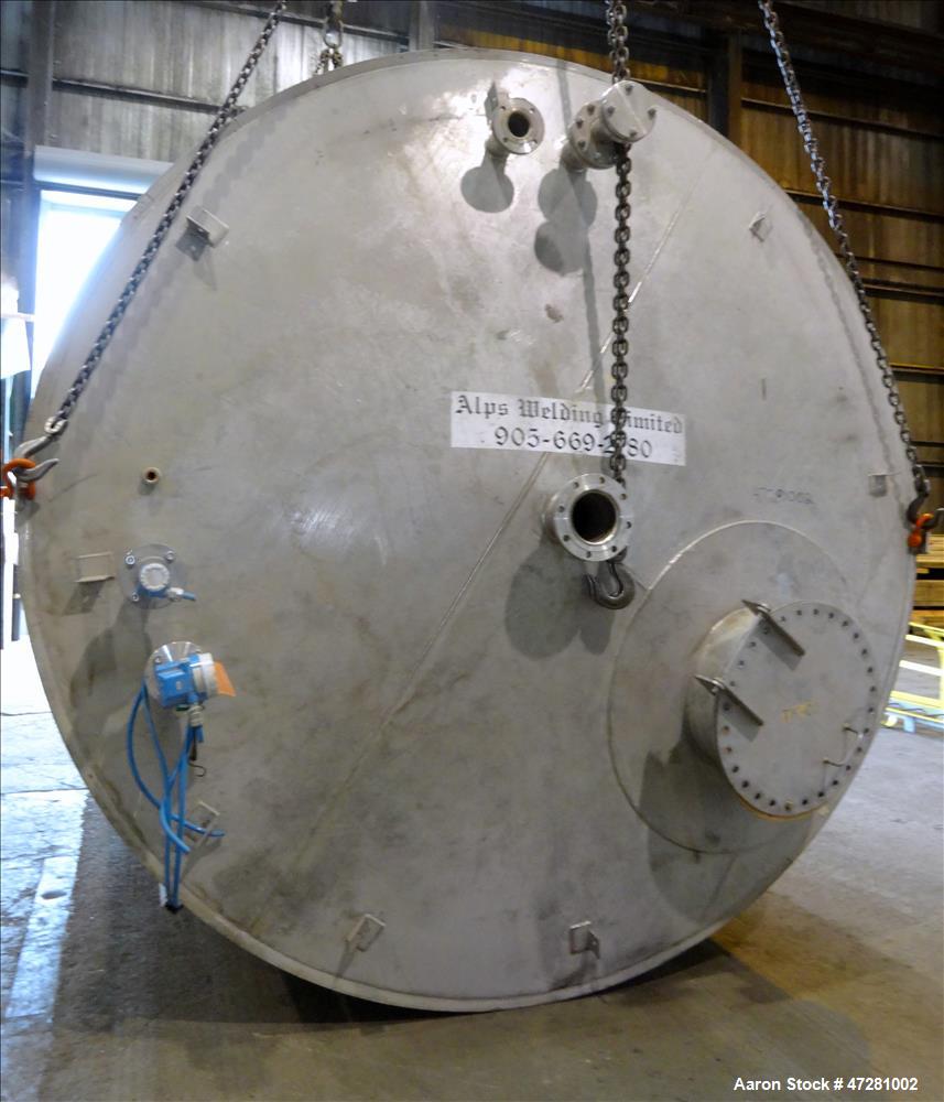 Used ALPS Welding Limited Tank, 43,000 Liters / 11,360 Gallons, 304L Stainless Steel, Vertical. Approximate 130" diameter x 197" straight side. Slight coned top, flat bottom.  Design specific gravity...