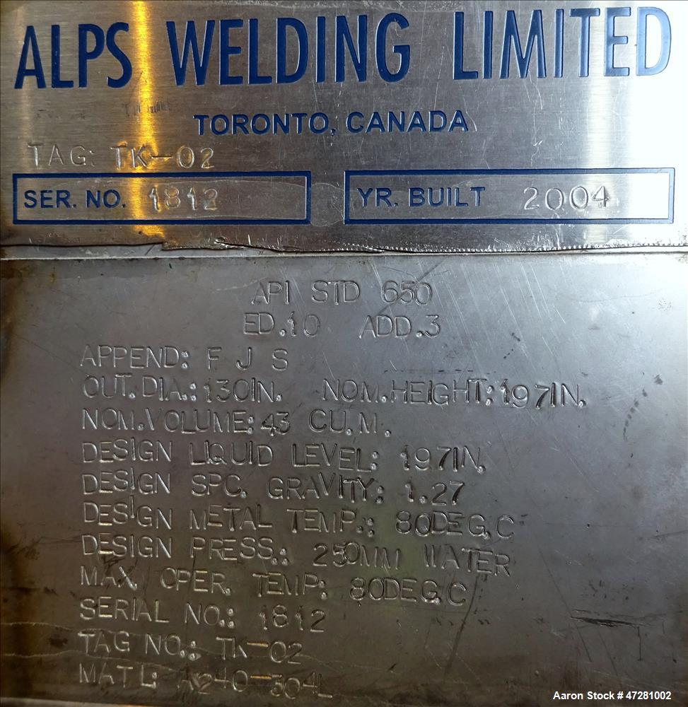 Used ALPS Welding Limited Tank, 43,000 Liters / 11,360 Gallons, 304L Stainless Steel, Vertical. Approximate 130" diameter x 197" straight side. Slight coned top, flat bottom.  Design specific gravity...