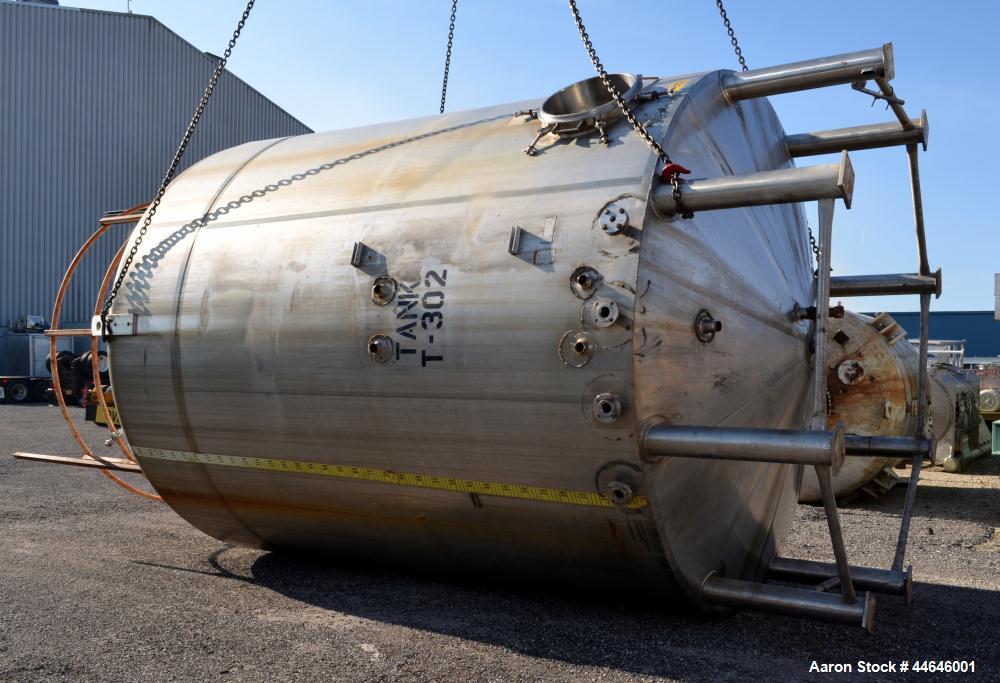 Used APV Crepaco Tank, Approximately 11,000 gallons, 304 Stainless Steel, Vertical. Approximate 138” diameter x 164” straight side, dished top, coned bottom. Approximate 60” wide section of bottom si...