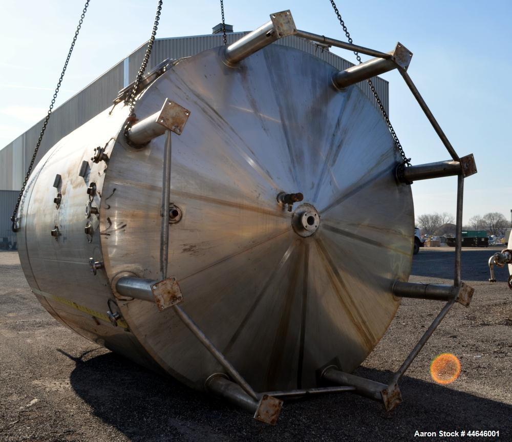 Used APV Crepaco Tank, Approximately 11,000 gallons, 304 Stainless Steel, Vertical. Approximate 138” diameter x 164” straight side, dished top, coned bottom. Approximate 60” wide section of bottom si...