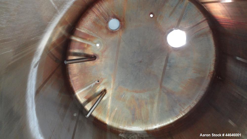 Used APV Crepaco Tank, Approximately 11,000 gallons, 304 Stainless Steel, Vertical. Approximate 138” diameter x 164” straight side, dished top, coned bottom. Approximate 60” wide section of bottom si...
