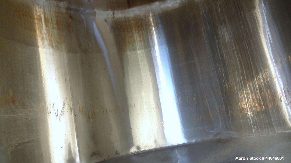 Used APV Crepaco Tank, Approximately 11,000 gallons, 304 Stainless Steel, Vertical. Approximate 138” diameter x 164” straight side, dished top, coned bottom. Approximate 60” wide section of bottom si...