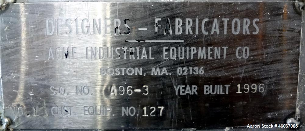 Used Acme Industrial Tank, 6000 Gallon, 304 Stainless Steel, Vertical. Approximate 192" Straight Side x 96" Diameter. Partial cone top, flat bottom. Top openings: 4", (3) 3", 6". Side openings: 24" m...