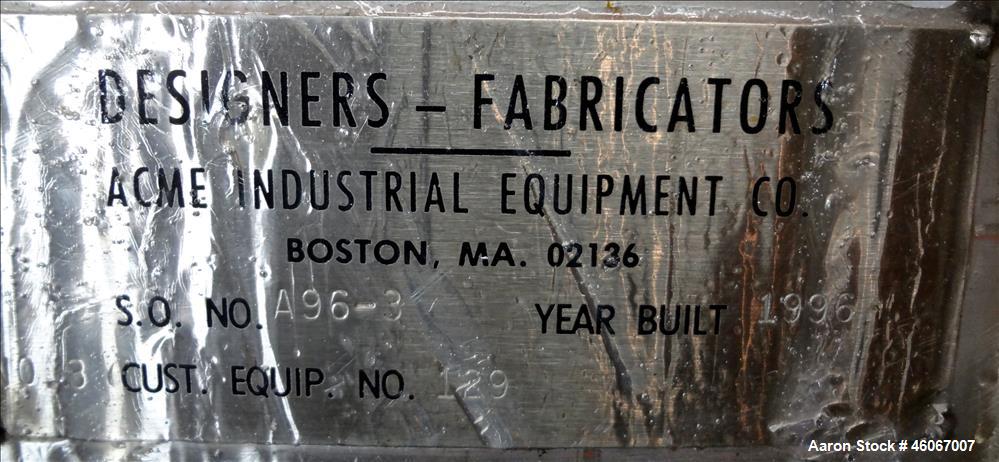 Used Acme Industrial Tank, 6000 Gallon, 304 Stainless Steel, Vertical. Approximate 192" Straight Side x 96" Diameter. Partial cone top, flat bottom. Top openings: 4", (3) 3", 6". Side openings: 24" m...