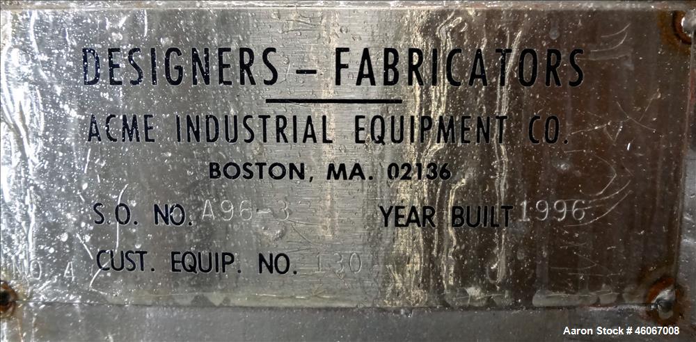 Used Acme Industrial Tank, 6000 Gallon, 304 Stainless Steel, Vertical. Approximate 192" Straight Side x 96" Diameter. Partial cone top, flat bottom. Top openings: 4", (3) 3", 6". Side openings: 24" m...