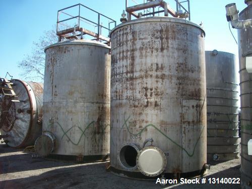 Used Alloy Fabricators Vertical Storage Tank. Approximately 8,000 gallon, 304 stainless steel. 10' diameter x 14'-3" high straight side. Design 3" water (EXT), 6" water (INT) at 140 degrees F. Flat b...