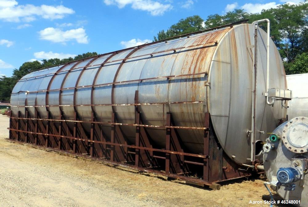 Used American Stainless Steel Products Tank, 37,000 Gallon, Stainless Steel, Horizontal. Approximately 144" diameter x 576" straight side, dished heads. Mounted on saddles. Serial #6016.