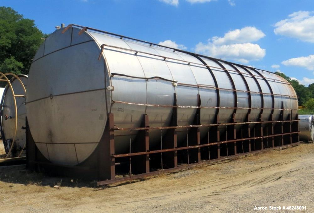 Used American Stainless Steel Products Tank, 37,000 Gallon, Stainless Steel, Horizontal. Approximately 144" diameter x 576" straight side, dished heads. Mounted on saddles. Serial #6016.