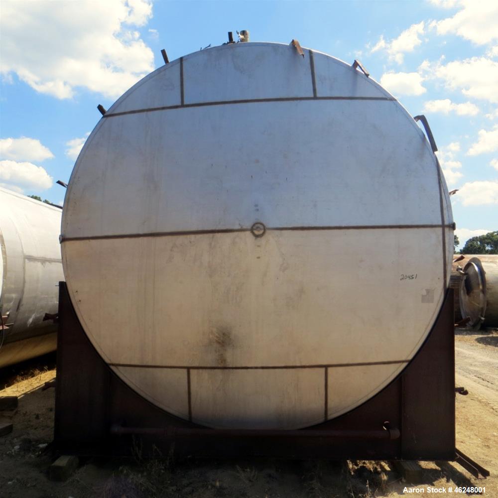 Used American Stainless Steel Products Tank, 37,000 Gallon, Stainless Steel, Horizontal. Approximately 144" diameter x 576" straight side, dished heads. Mounted on saddles. Serial #6016.