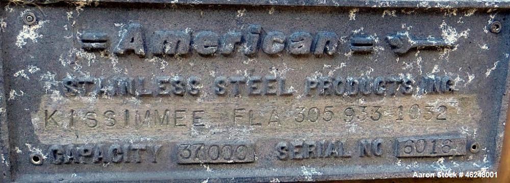 Used American Stainless Steel Products Tank, 37,000 Gallon, Stainless Steel, Horizontal. Approximately 144" diameter x 576" straight side, dished heads. Mounted on saddles. Serial #6016.