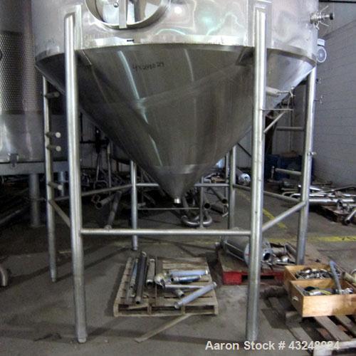 Used Apache Tank, 6500 Gallon, 316 Stainless Steel, Vertical. Approximate 102” diameter x 172” straight side. Dished top, 70” coned bottom. Side entering agitator with a 3 blade prop, driven by a 3hp...