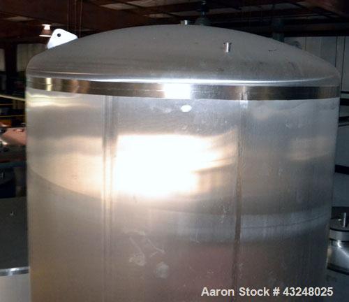Used Apache Tank, 6500 Gallon, 316 Stainless Steel, Vertical. Approximate 102” diameter x 172” straight side. Dished top, 70” coned bottom. Side entering agitator with a 3 blade prop, driven by a 3hp...