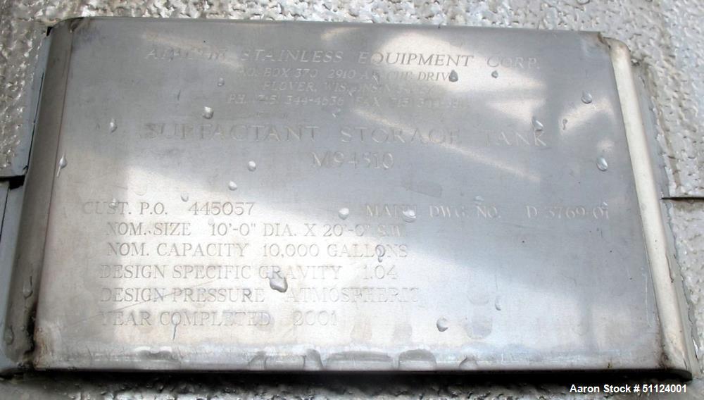 Used Apache Stainless Equipment Tank. API-650- 10,000 Gallon, 304L Stainless St