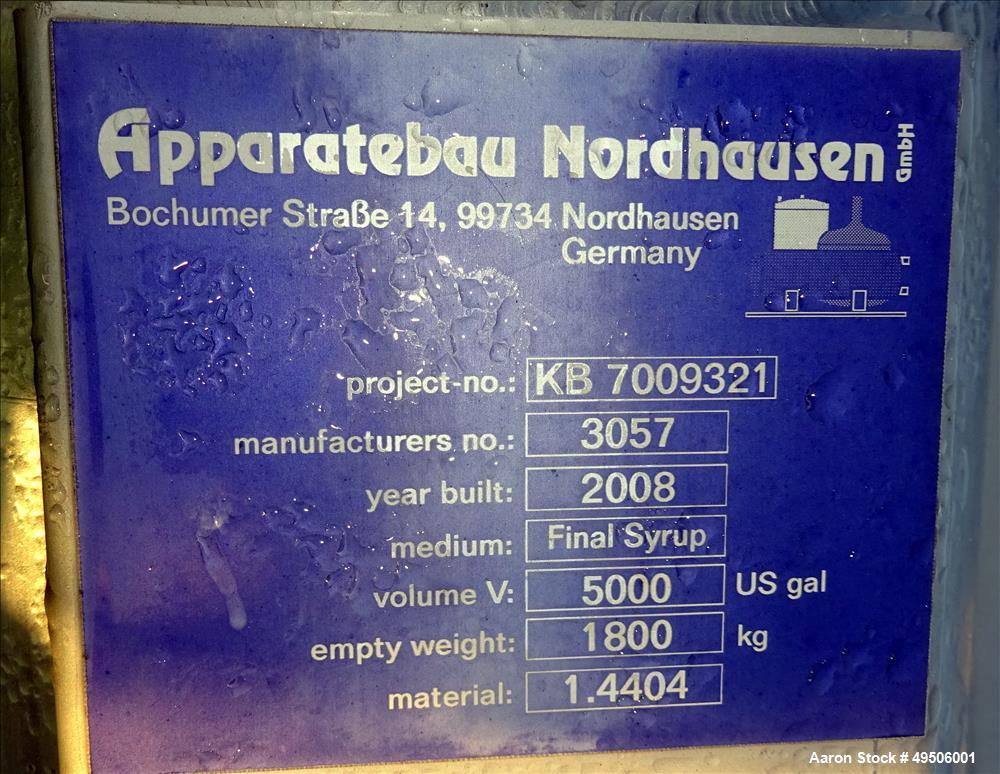 Used Apparatebau Nordhausen Tank, 5000 Gallon, 316 Stainless Steel,