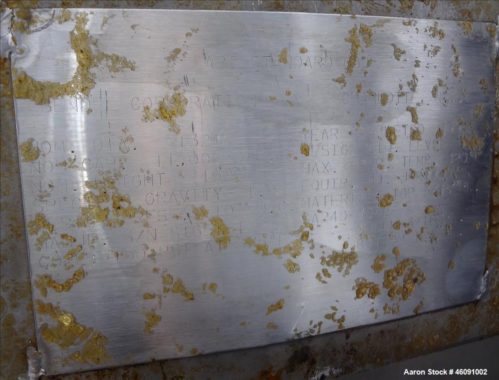 Used Bendel Corp. Tank, 11,000 Gallon, 304 Stainless Steel, Vertical. Approximately 132" diameter x 186" straight side. Flat top and bottom head. Maximum operating temperature 320 degrees F. Internal...