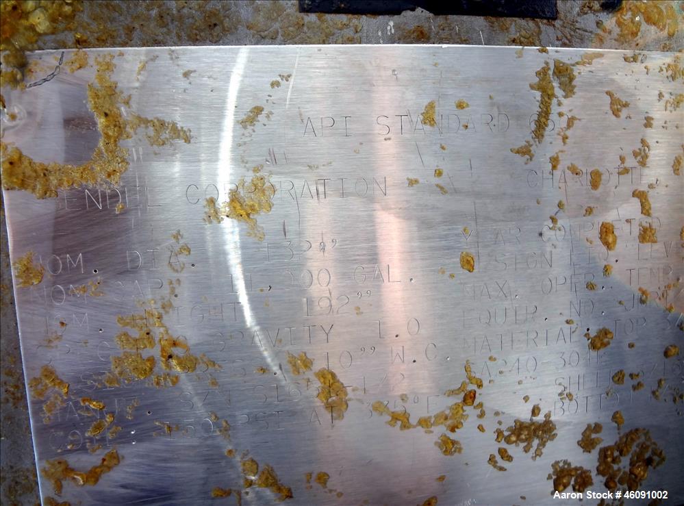 Used Bendel Corp. Tank, 11,000 Gallon, 304 Stainless Steel, Vertical. Approximately 132" diameter x 186" straight side. Flat top and bottom head. Maximum operating temperature 320 degrees F. Internal...