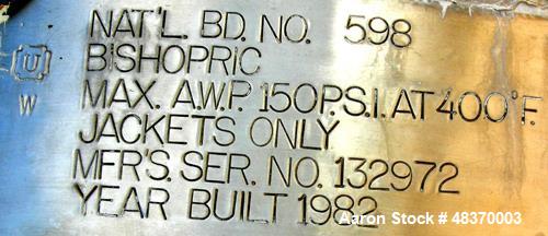 Used Bishopric Products Co. Jacketed Tank, 12,000 Gallon, 304 Stainless Steel, Vertical. 12'6" diameter x 12' straight side. Dish top, coned bottom. Dimple jacket on 7' bottom side wall and bottom co...