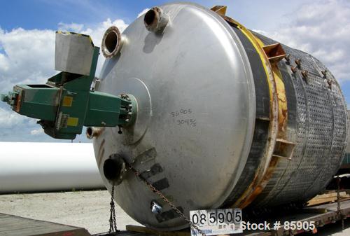 USED: Bishopric Products Co jacketed tank, 12,000 gallon, 304 stainless steel, vertical. 12'6" diameter x 12' straight side. Dish top, coned bottom. Dimple jacket on 7' bottom side wall and bottom co...