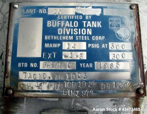Used Buffalo Pressure Tank, 10,000 Gallon, 304 Stainless Steel, Vertical. Approximate 120" diameter x 188" straight side, dish top & bottom. Internal rated 14 psi at 300 degrees F. Openings top (2) 1...