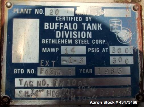 Used- Buffalo Pressure Tank, 10,000 Gallon, 304 Stainless Steel, Vertical. Approximate 120" diameter x 188" straight side, d...