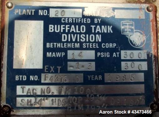 Used Buffalo Pressure Tank, 10,000 Gallon, 304 Stainless Steel, Vertical. Approximate 120" diameter x 188" straight side, dish top & bottom. Internal rated 14 psi at 300 degrees F. Openings top (2) 1...