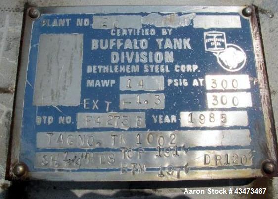 Used Buffalo Pressure Tank, 10,000 Gallon, 304 Stainless Steel, Vertical. Approximate 120" diameter x 188" straight side, dish top & bottom. Internal rated 14 psi at 300 degrees F. Openings top (2) 1...