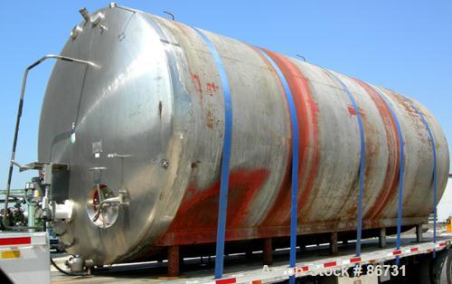 USED: C E Howard tank, 10,000 gallon, 304 stainless steel, horizontal. 110" diameter x 245" straight side, dished heads. Approximately 1/2 of bottom channel jacketed. 4 spray balls. 21" x 18" oval en...