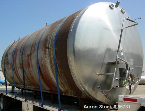 USED: C E Howard tank, 10,000 gallon, 304 stainless steel, horizontal. 110" diameter x 245" straight side, dished heads. Approximately 1/2 of bottom channel jacketed. 4 spray balls. 21" x 18" oval en...