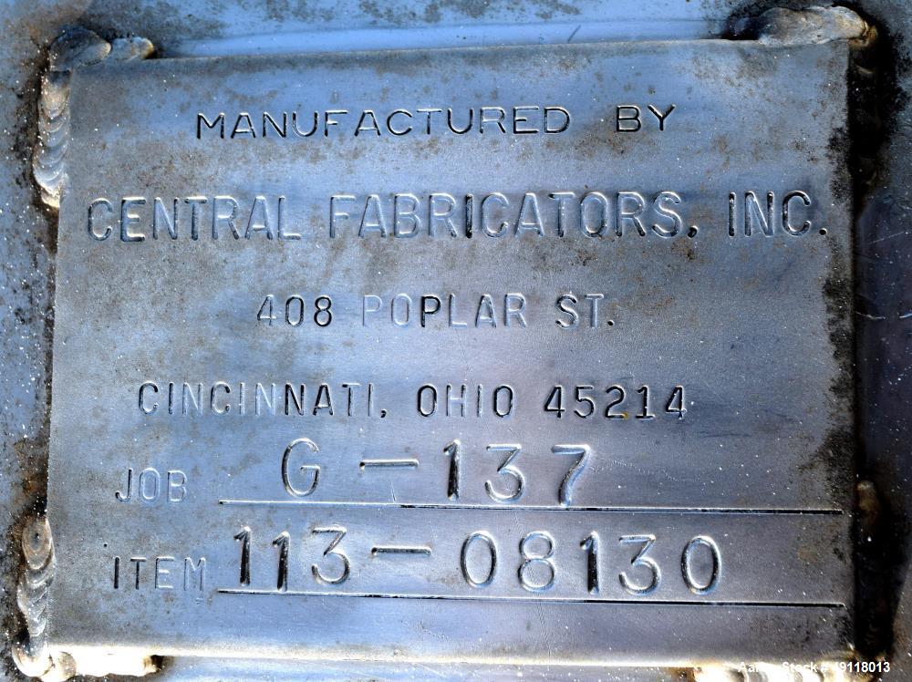 Unused- Central Fabricators Tank, 8,000 Gallon, Stainless Steel, Vertical. Approximate 114" diameter x 178" straight side, dished top & bottom. Openings top (3) 2", 3", 4", side (2) 2", 24" man way w...