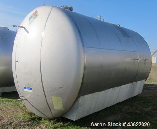 Used Cherry Burrell 10,000 Gallon Stainless Steel Horizontal Storage Tank. Approximately 10'6" diameter x 14'6" straight side. Dished heads. 16" x 20" side oval manway with cover. 3" EBO. (2) Dual CI...