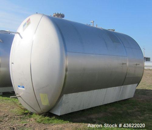 Used Cherry Burrell 10,000 Gallon Stainless Steel Horizontal Storage Tank. Approximately 10'6" diameter x 14'6" straight side. Dished heads. 16" x 20" side oval manway with cover. 3" EBO. (2) Dual CI...