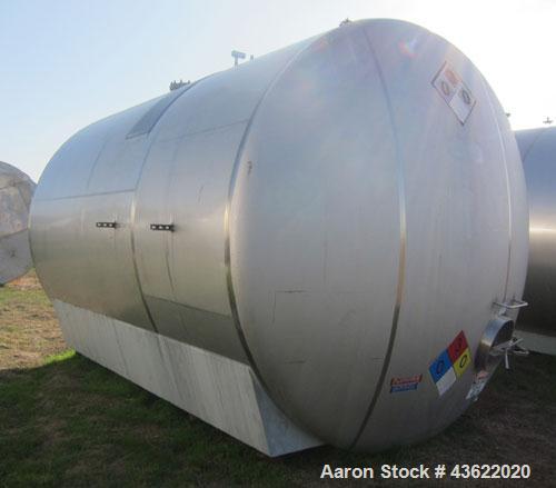 Used Cherry Burrell 10,000 Gallon Stainless Steel Horizontal Storage Tank. Approximately 10'6" diameter x 14'6" straight side. Dished heads. 16" x 20" side oval manway with cover. 3" EBO. (2) Dual CI...